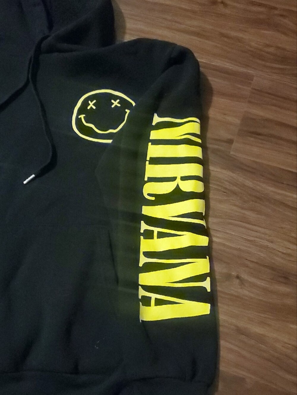 NIRVANA Black Hoodie with Yellow Smiley and Sleeve Text - Picture 6 of 7